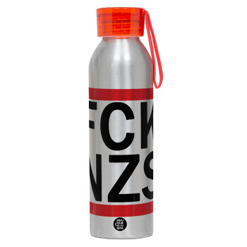 FCK NZS, Aluminum Sports Bottle 650ml – Silver with Red Cap and Silicone Strap