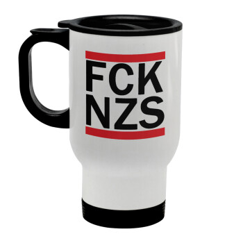 FCK NZS, Κούπα ταξιδιού ανοξείδωτη με καπάκι, διπλού τοιχώματος (θερμό) λευκή 450ml