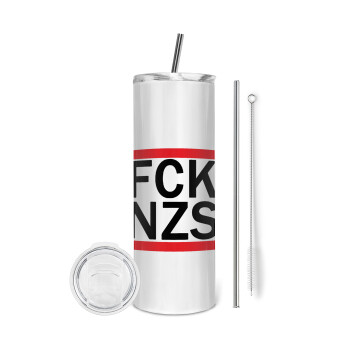 FCK NZS, Eco friendly ποτήρι θερμό (tumbler) από ανοξείδωτο ατσάλι 600ml, με μεταλλικό καλαμάκι & βούρτσα καθαρισμού