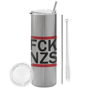 FCK NZS, Eco friendly ποτήρι θερμό Ασημένιο (tumbler) από ανοξείδωτο ατσάλι 600ml, με μεταλλικό καλαμάκι & βούρτσα καθαρισμού
