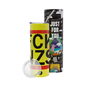 FCK NZS, Neon Yellow Travel Tumbler, with metal straw (Stainless steel 304 Food grade, BPA free, 600ml)