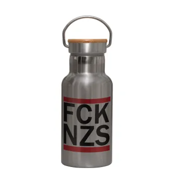 FCK NZS, Μεταλλικό παγούρι θερμός (Stainless steel) Ασημένιο με ξύλινο καπακι (bamboo), διπλού τοιχώματος, 350ml
