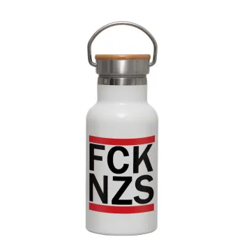 FCK NZS, Μεταλλικό παγούρι θερμός (Stainless steel) Λευκό με ξύλινο καπακι (bamboo), διπλού τοιχώματος, 350ml