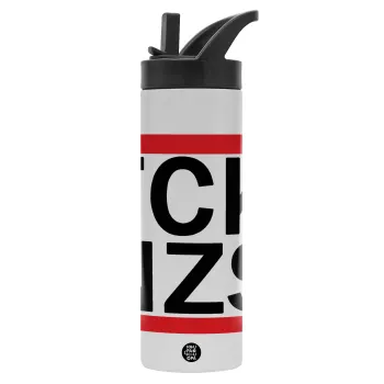 FCK NZS, Μεταλλικό παγούρι θερμός με καλαμάκι & χειρολαβή, ανοξείδωτο ατσάλι (Stainless steel 304), διπλού τοιχώματος, 600ml