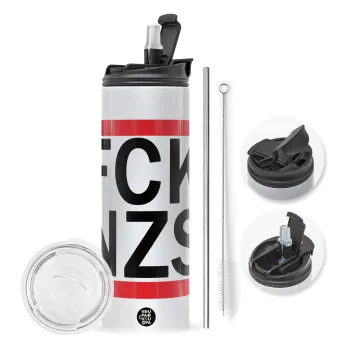 FCK NZS, Travel Tumbler θερμό με διπλό καπάκι, μεταλλικό καλαμάκι και βούρτσα καθαρισμού (Ανωξείδωτο 304 Food grade, BPA free, 600ml)