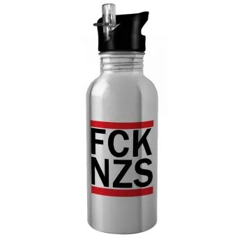 FCK NZS, Παγούρι νερού Ασημένιο με καλαμάκι, ανοξείδωτο ατσάλι 600ml