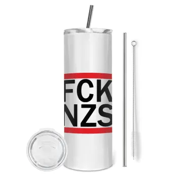 FCK NZS, Tumbler ποτήρι θερμό από ανοξείδωτο ατσάλι 600ml, με μεταλλικό καλαμάκι & βούρτσα καθαρισμού