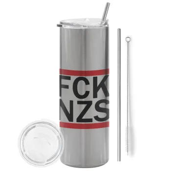 FCK NZS, Tumbler ποτήρι θερμό Ασημένιο από ανοξείδωτο ατσάλι 600ml, με μεταλλικό καλαμάκι & βούρτσα καθαρισμού
