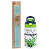 Easter Set, Children's thermal stainless steel bottle with safety straw, green/blue (350ml) & aromatic flat Easter candle (30cm) (TURQUOISE)