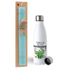 Easter Set, metallic stainless steel water bottle (750ml) & aromatic flat Easter candle (30cm) (TURQUOISE)