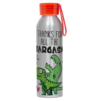 Thanks for all the ROARGASMS, Αλουμινένιο Αθλητικό Μπουκάλι 650ml – Ασημί με Κόκκινο Καπάκι και Λουράκι Σιλικόνης