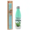 Easter Set, Metallic green/white thermos (Stainless steel), double-walled, 500ml & scented flat Easter candle (30cm) (TURQUOISE)