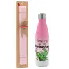 Easter Set, Metallic pink/white (Stainless steel) thermos, double-walled, 500ml & aromatic flat Easter candle (30cm) (PINK)