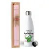 Easter Set, metallic stainless steel water bottle (750ml) & scented flat Easter candle (30cm) (PINK)
