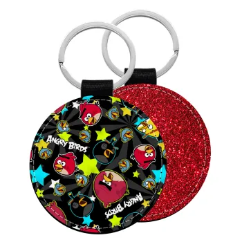Τα πουλάκια angry birds μαύρο, Μπρελόκ Δερματίνη, στρογγυλό ΚΟΚΚΙΝΟ (5cm)