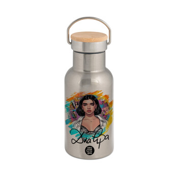 Dua lipa, Μεταλλικό παγούρι θερμός (Stainless steel) Ασημένιο με ξύλινο καπακι (bamboo), διπλού τοιχώματος, 350ml