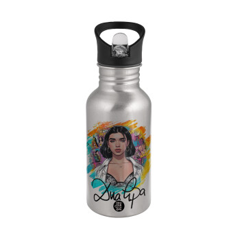 Dua lipa, Water bottle Silver with straw, stainless steel 500ml