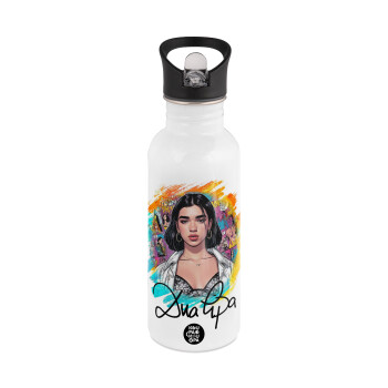 Dua lipa, White water bottle with straw, stainless steel 600ml