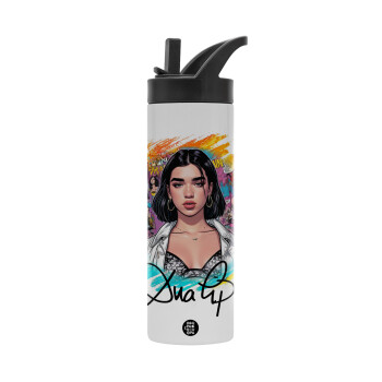 Dua lipa, Metallic thermos bottle with straw & handle, stainless steel (Stainless steel 304), double-walled, 600ml.