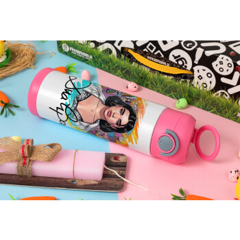 Dua lipa, Πασχαλινή Λαμπάδα με Παιδικό παγούρι θερμό, ανοξείδωτο, με καλαμάκι ασφαλείας, ΡΟΖ (500ml)