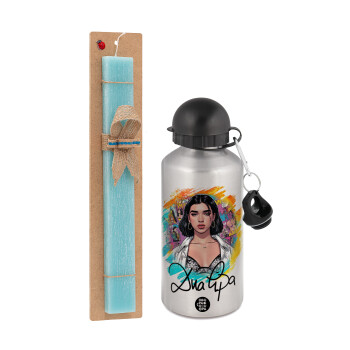 Dua lipa, Πασχαλινή Λαμπάδα με παγούρι μεταλλικό Ασημένιο αλουμινίου (500ml) & κερί αρωματικό πλακέ (30cm) (ΤΙΡΚΟΥΑΖ)