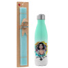 Easter Set, Metallic green/white thermos (Stainless steel), double-walled, 500ml & scented flat Easter candle (30cm) (TURQUOISE)