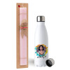 Easter Set, metallic stainless steel water bottle (750ml) & scented flat Easter candle (30cm) (PINK)