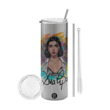 Dua lipa, Tumbler stainless steel Silver 600ml, with metal straw & cleaning brush