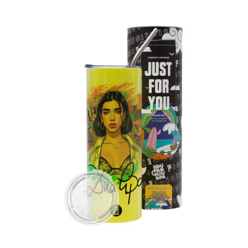 Dua lipa, Neon Yellow Travel Tumbler, with metal straw (Stainless steel 304 Food grade, BPA free, 600ml)