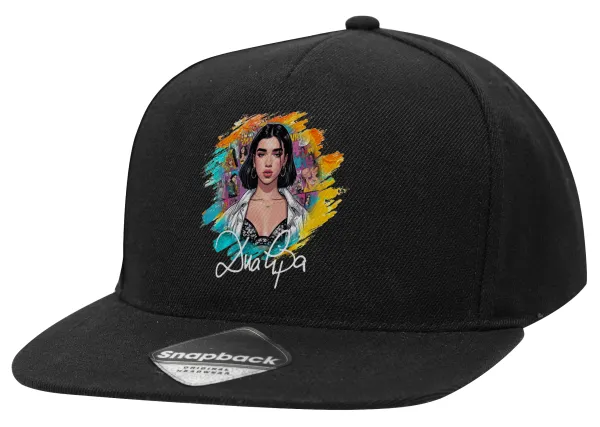 Dua lipa — Adult Flat Snapback Hat Black, (100% COTTON TWILL, ADULT, UNISEX, ONE SIZE)