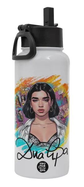 Dua lipa — Metal mug thermo White with Straw and Spout Lid (Stainless steel), double wall, 950ml