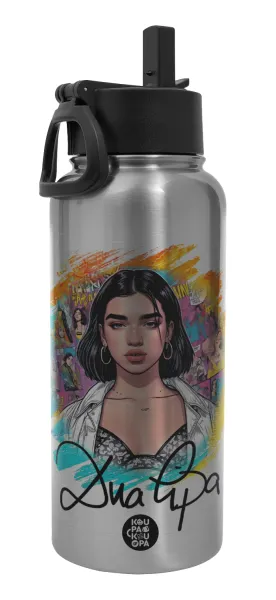 Dua lipa — Μεταλλικό παγούρι θερμός Silver με καλαμάκι και χερούλι (Stainless steel), διπλού τοιχώματος, 950ml