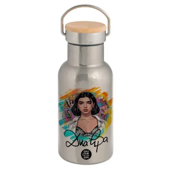 Dua lipa, Μεταλλικό παγούρι θερμός (Stainless steel) Ασημένιο με ξύλινο καπακι (bamboo), διπλού τοιχώματος, 350ml