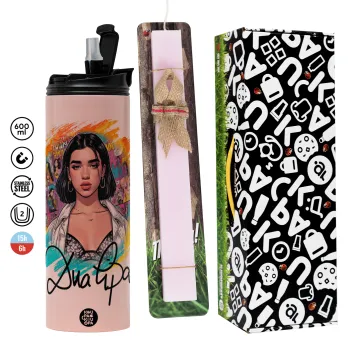 Dua lipa, Easter candle,Travel Tumbler 2 Lids, with metal straw & cleaning brush & aromatic flat candle (30cm) (PINK)
