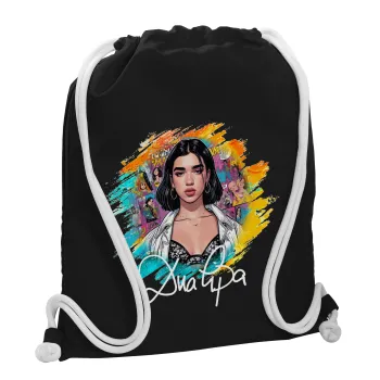 Dua lipa, Τσάντα πλάτης πουγκί GYMBAG Μαύρη, με τσέπη (40x48cm) & χονδρά λευκά κορδόνια