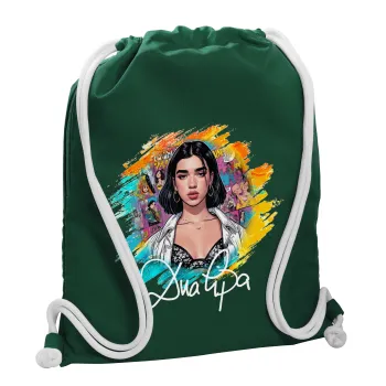 Dua lipa, Τσάντα πλάτης πουγκί GYMBAG BOTTLE GREEN, με τσέπη (40x48cm) & χονδρά λευκά κορδόνια