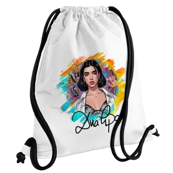Dua lipa, Τσάντα πλάτης πουγκί GYMBAG λευκή, με τσέπη (40x48cm) & χονδρά κορδόνια