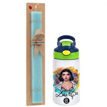 Dua lipa, Easter Set, Children's thermal stainless steel bottle with safety straw, green/blue (350ml) & aromatic flat Easter candle (30cm) (TURQUOISE)
