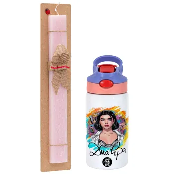 Dua lipa, Easter Set, Children's thermal stainless steel water bottle with safety straw, pink/purple (350ml) & Easter scented flat candle (30cm) (PINK)