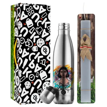 Dua lipa, Easter Set, metallic stainless thermos flask (500ml) & scented flat Easter candle (30cm) (GRAY)