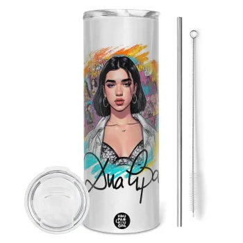 Dua lipa, Tumbler ποτήρι θερμό από ανοξείδωτο ατσάλι 600ml, με μεταλλικό καλαμάκι & βούρτσα καθαρισμού