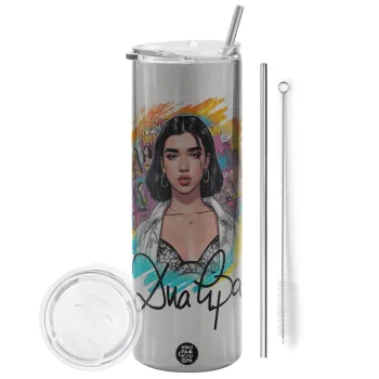 Dua lipa, Tumbler stainless steel Silver 600ml, with metal straw & cleaning brush