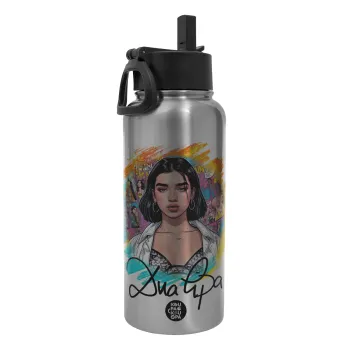 Dua lipa, Metal mug thermo Silver with Straw and Spout Lid (Stainless steel), double wall, 950ml