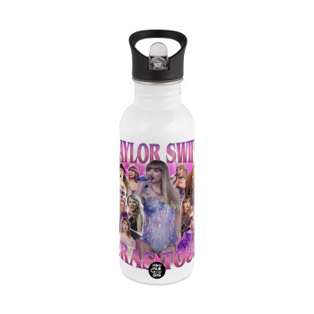 Taylor Swift, White water bottle with straw, stainless steel 600ml