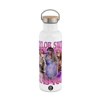 Taylor Swift, Μεταλλικό παγούρι θερμός (Stainless steel) Λευκό με ξύλινο καπάκι (bamboo), διπλού τοιχώματος, 750ml