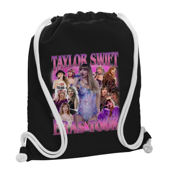 Taylor Swift, Τσάντα πλάτης πουγκί GYMBAG Μαύρη, με τσέπη (40x48cm) & χονδρά λευκά κορδόνια