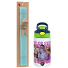 Easter Set, Children's thermal stainless steel bottle with safety straw, green/blue (350ml) & aromatic flat Easter candle (30cm) (TURQUOISE)