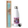 Easter Set, metallic stainless steel water bottle (750ml) & aromatic flat Easter candle (30cm) (TURQUOISE)