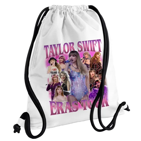 Taylor Swift — Τσάντα πλάτης πουγκί GYMBAG λευκή, με τσέπη (40x48cm) & χονδρά κορδόνια