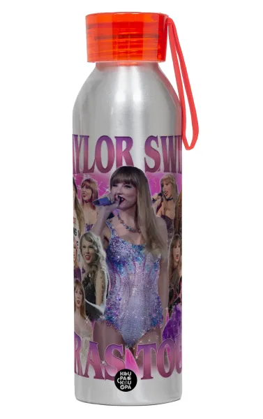 Taylor Swift — Αλουμινένιο Αθλητικό Μπουκάλι 650ml – Ασημί με Κόκκινο Καπάκι και Λουράκι Σιλικόνης